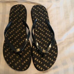 DKNY Black & Gold Logo Print Flip Flop Sandals Thong Style